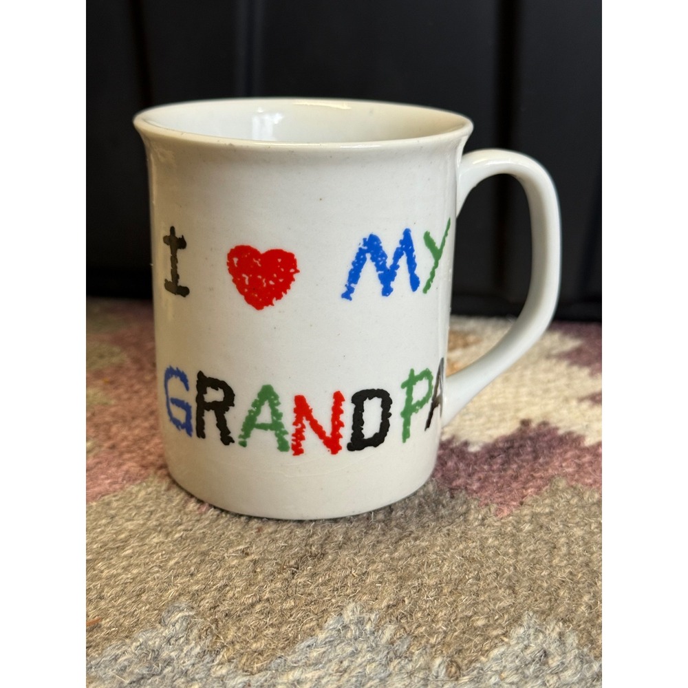 Vintage I Love My Grandpa Ceramic Coffee Mug White‎ Crayon Style Font Heart